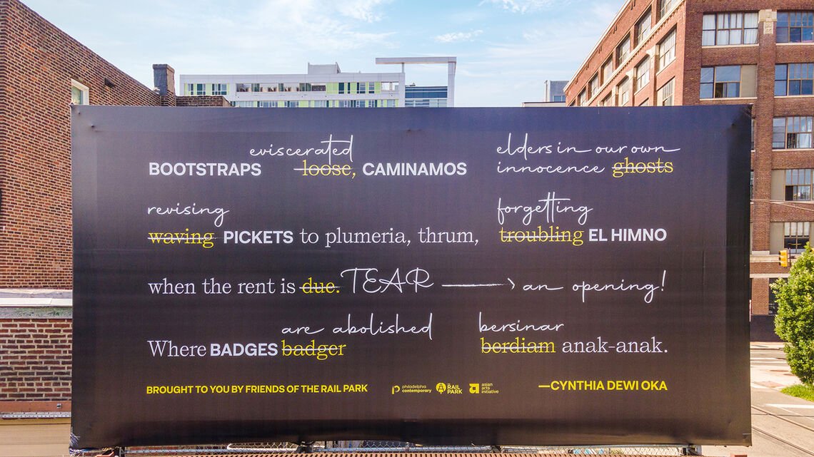 a black billboard with a layered visual poem by cynthia dewi oka