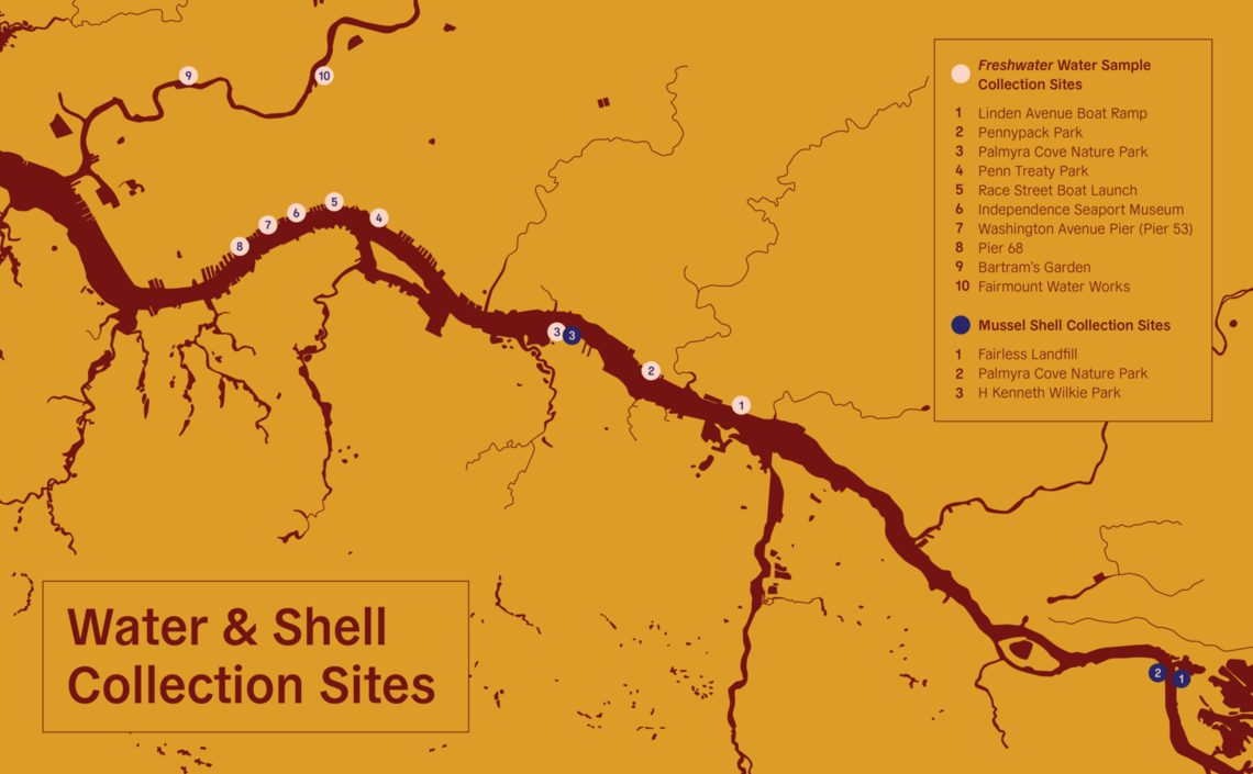 Map of water and shell collection sites along the Delaware River