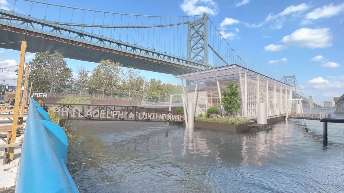 architectural rendering of a building on the water with a bridge in the backbground